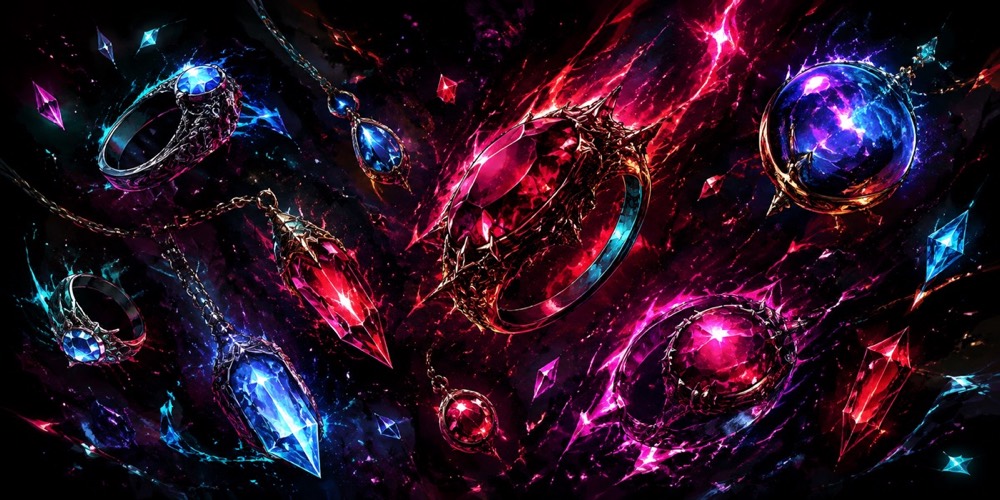 Illustration: An assortment of glowing magical accessories floating on a dark starfield: rings, pendants, orbs and charms