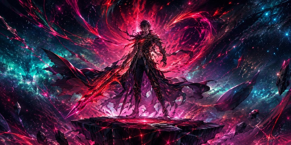 Illustration: An anime-styled hero standing on a floating platform in a starry astral realm, energy aura around them