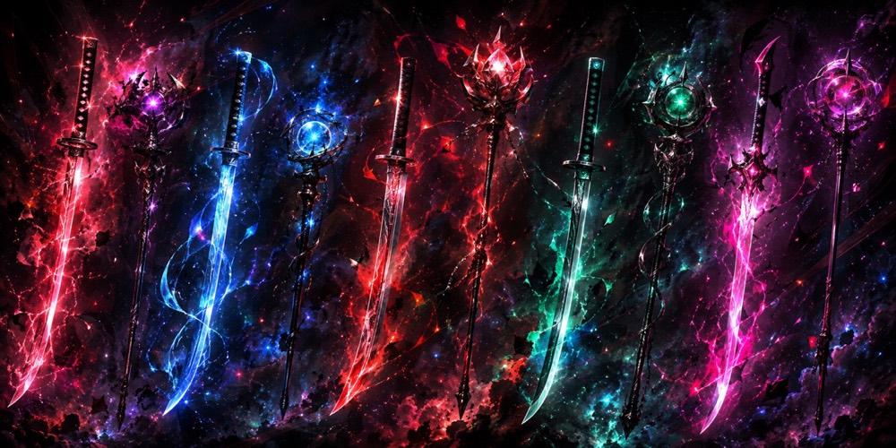Illustration: A rack of anime-styled energy weapons: glowing katanas and staves floating upright in a cosmic void